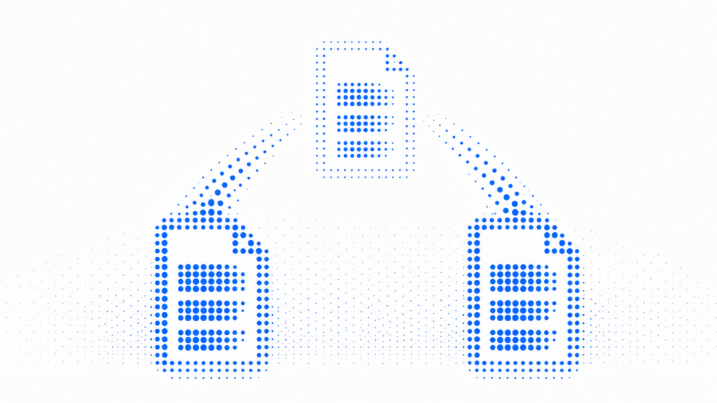 Three dotted data records connected across an on-prem Reconstruction architecture.