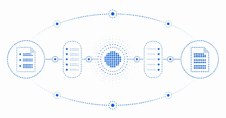Dot-matrix context-preserving data layer evaluation tracing an AI request and response through Reconstruction.
