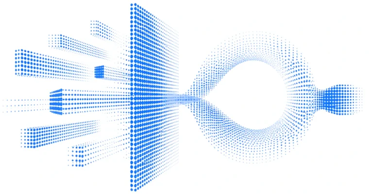 Dense blue dot streams converge at an inspection boundary and continue through a protected round trip.