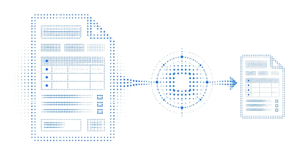 AI on enterprise PDFs illustrated with protected fields, page structure, and reconstructed output.