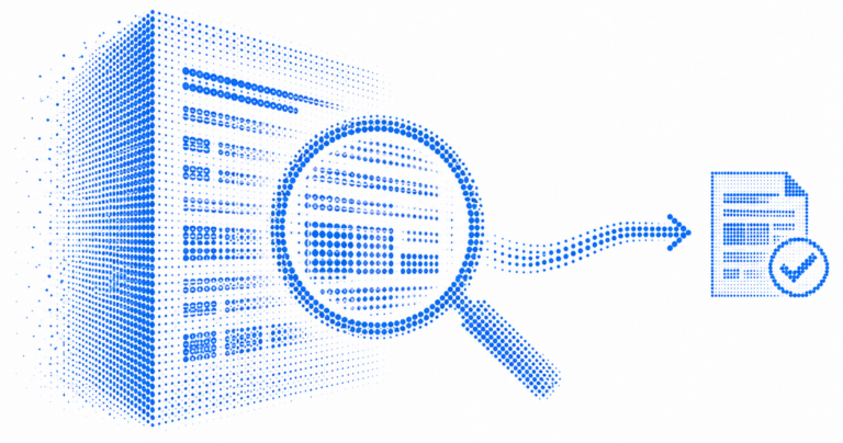 A blue dot-matrix illustration of operational markers flowing through a detection boundary toward a verified coverage record.