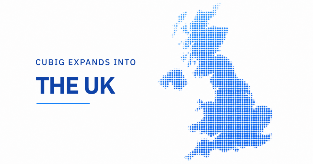 CUBIG expands into the UK, shown beside a blue dot-matrix map of the United Kingdom