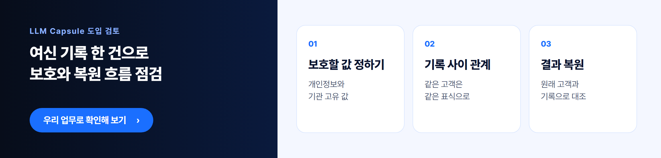 LLM Capsule 도입 검토. 여신 기록 한 건으로 보호와 복원 흐름 점검. 보호할 값 정하기, 기록 사이 관계, 결과 복원. 우리 업무로 확인해 보기